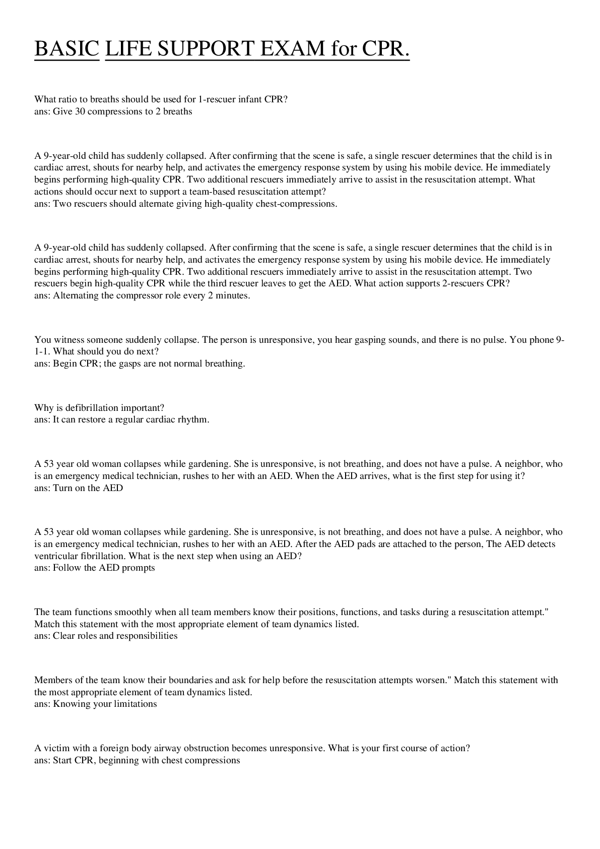 Preview image for BASIC LIFE SUPPORT EXAM for CPR. With 100% correct answers